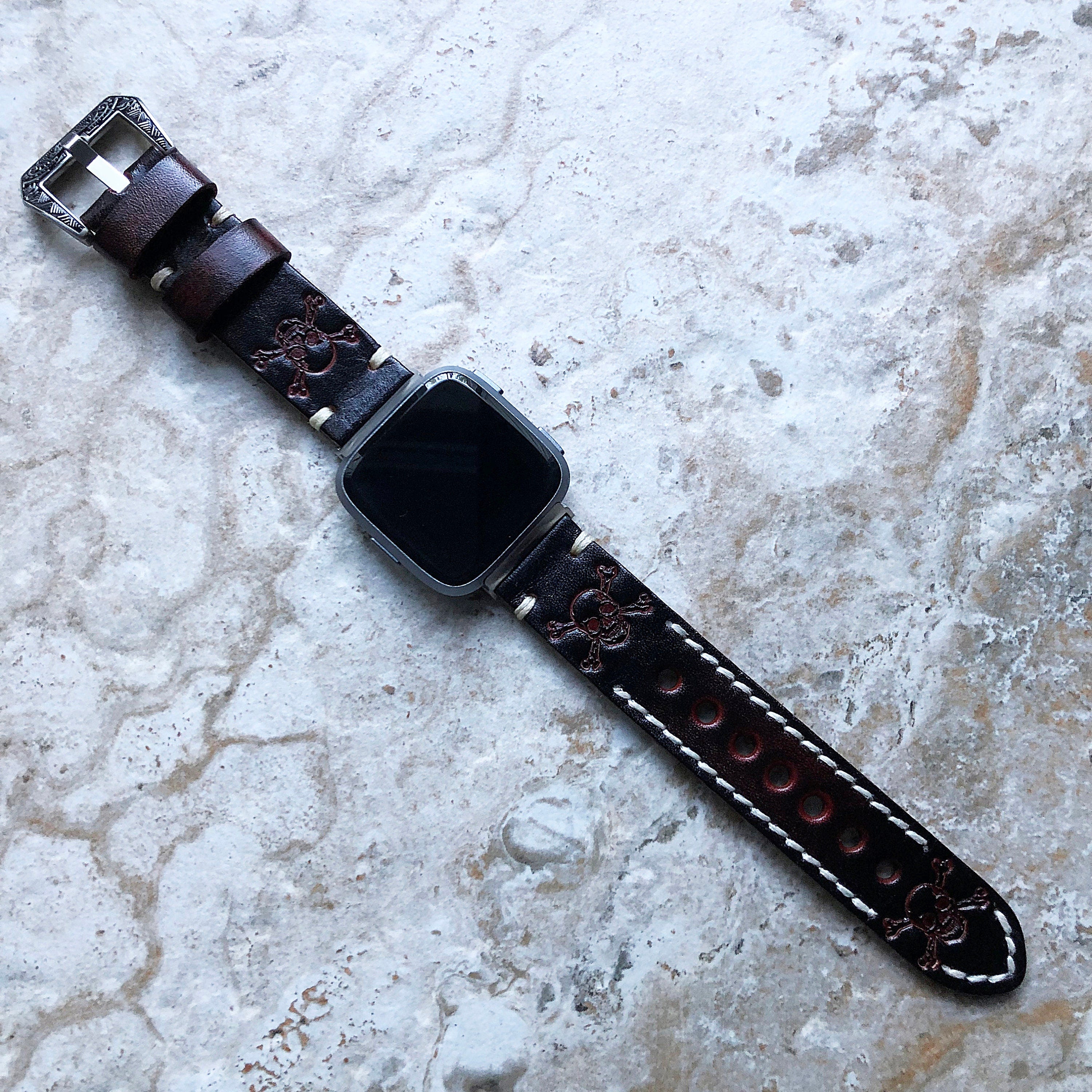 Fitbit Versa 2 3 4 Sense 2 Band Dark Brown Skull Crossbones Embossed Leather Bracelet Watch Strap Quick Release Silver Rose Gold Black